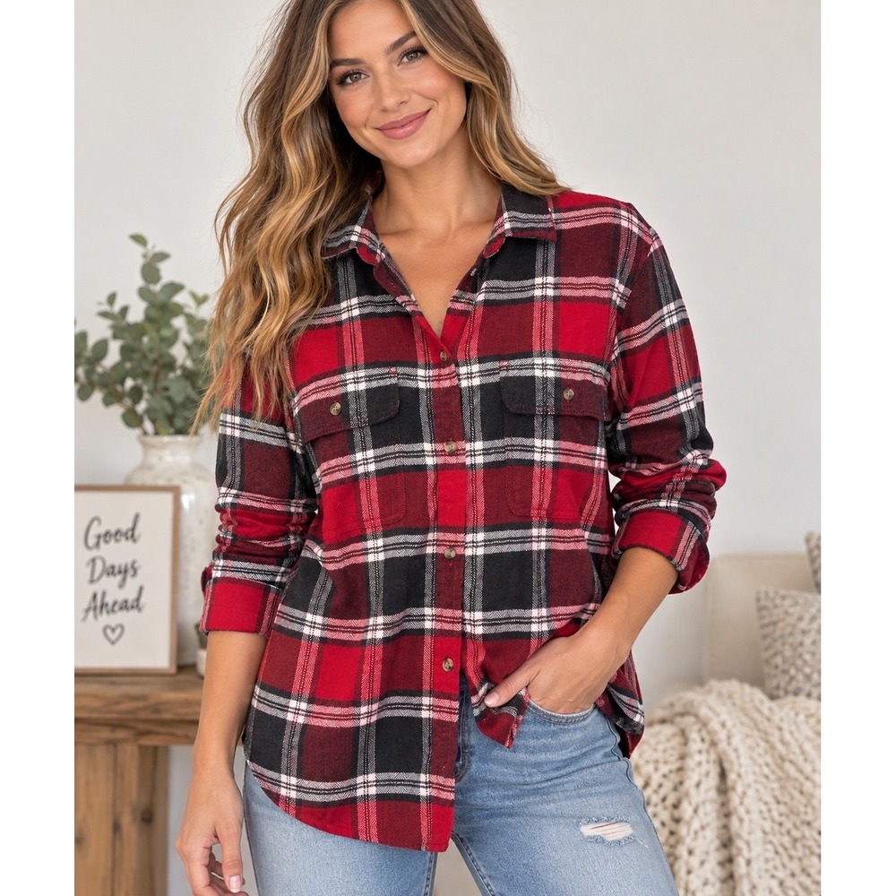 American Eagle Ahh-Mazingly Soft Plaid Flannel Shirt Red Black White Large